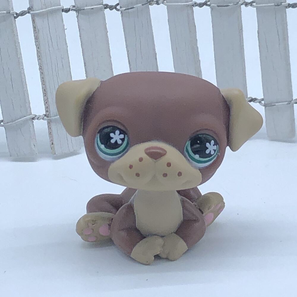 Littlest Pet Shop Brown Tan Pug Dog #889 Flower Eyes Authentic Lps